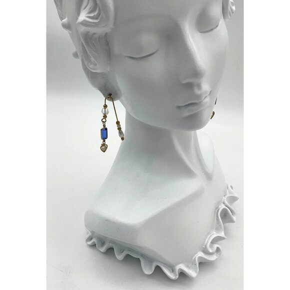 VTG Post Earrings 10K Gold Double Dangle Blue Gems & Faux Pearls Heart Charm - Picture 3 of 5